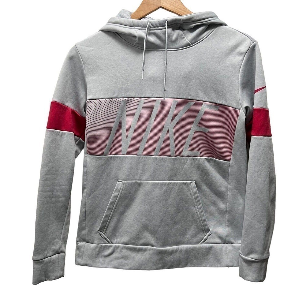 NIKE WOMENS S HOODIE DRI FIT GRAY PULLOVER SWEATSHIRT PINK LOGO